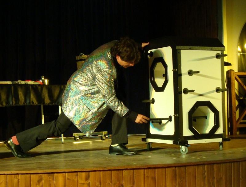 Magician Olivier OK MAGICS performing grand illusion in El Cotillo Fuerteventura Spain during his Jubilée tour 2010